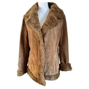Vintage Xhilaration suede leather faux fur trim jacket Penny lane style SZ XL